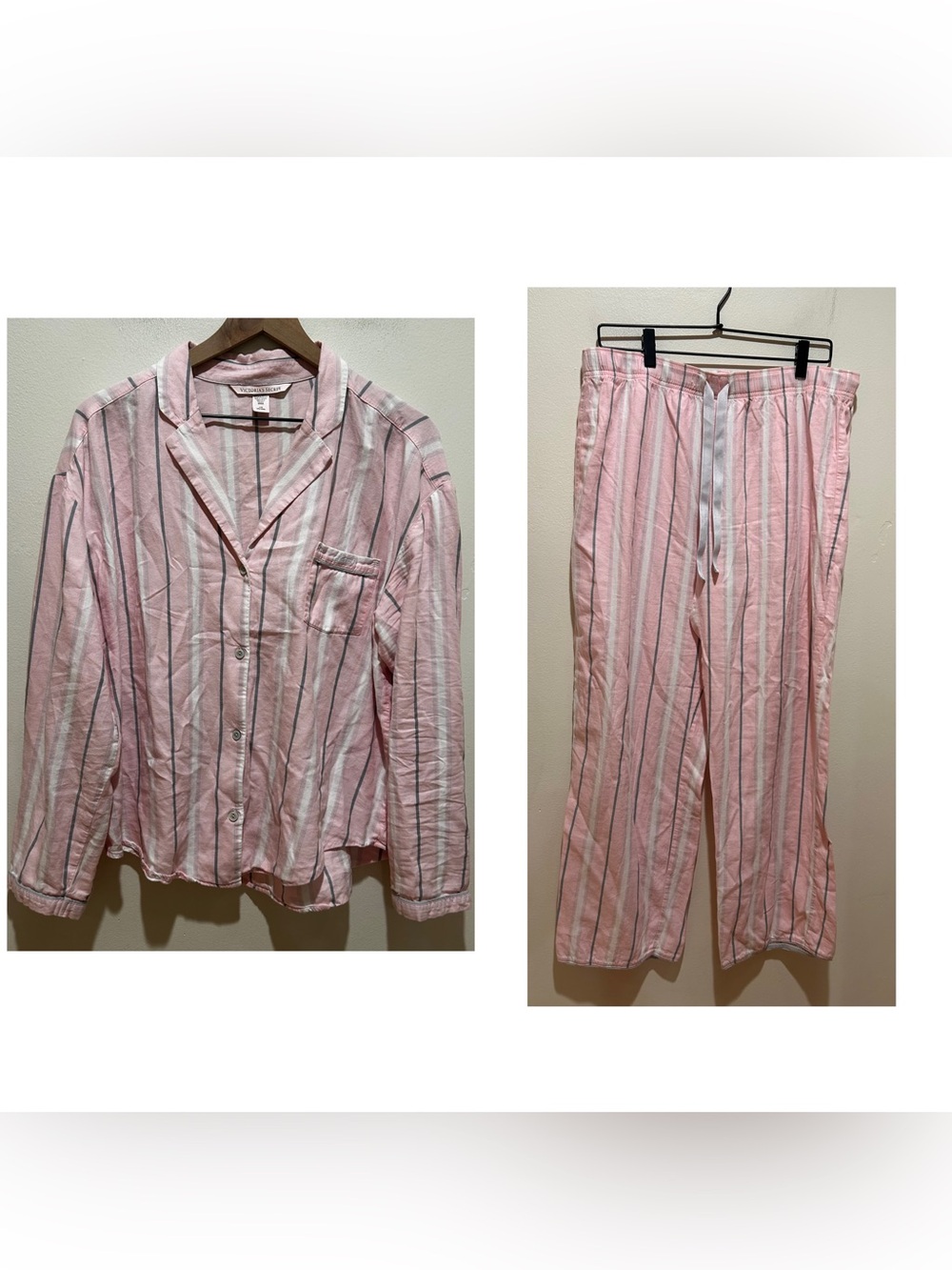 Victoria’s Secret Pink Striped Pajama Set w/ Long Sleeve Shirt & Pants - Large